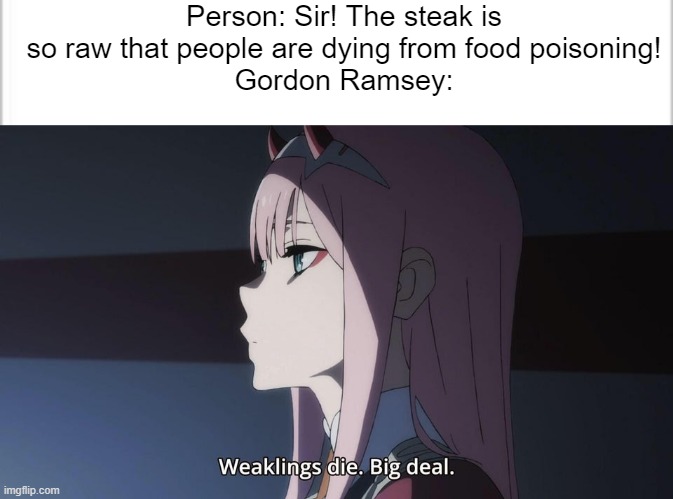 Bruh so raw | Person: Sir! The steak is so raw that people are dying from food poisoning!
Gordon Ramsey: | image tagged in white background,weaklings die big deal | made w/ Imgflip meme maker