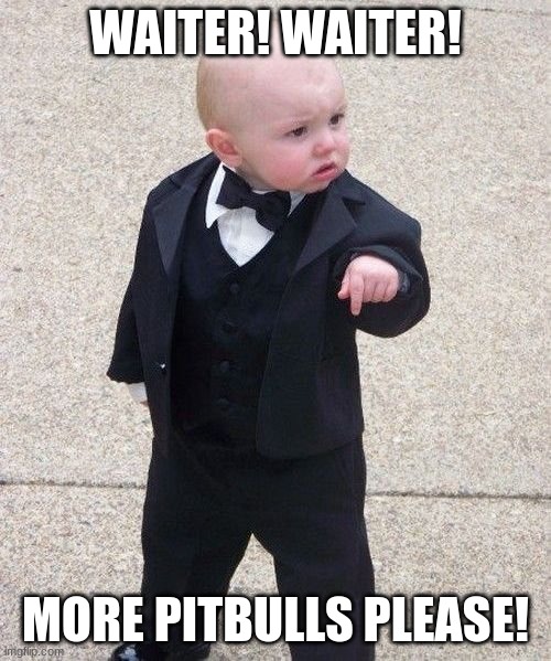 Baby Godfather | WAITER! WAITER! MORE PITBULLS PLEASE! | image tagged in memes,baby godfather | made w/ Imgflip meme maker