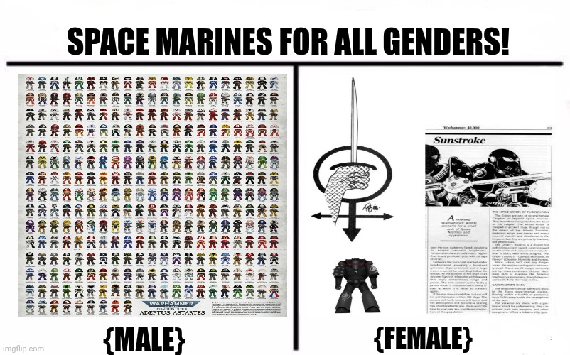 Who Would Win Blank | SPACE MARINES FOR ALL GENDERS! {MALE}; {FEMALE} | image tagged in memes,pilot,army | made w/ Imgflip meme maker