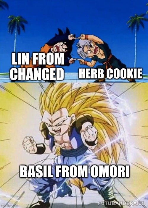 they look so similar (h o o h o o) | HERB COOKIE; LIN FROM CHANGED; BASIL FROM OMORI | image tagged in dbz fusion,memes,cookie run,changed,omori | made w/ Imgflip meme maker