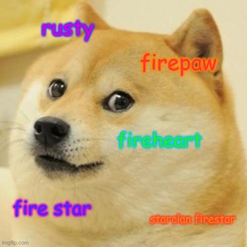 firestars names but its doge o'clock | rusty; firepaw; fireheart; fire star; starclan firestar | image tagged in memes,doge | made w/ Imgflip meme maker