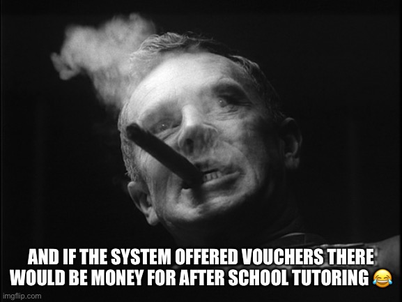 General Ripper (Dr. Strangelove) | AND IF THE SYSTEM OFFERED VOUCHERS THERE WOULD BE MONEY FOR AFTER SCHOOL TUTORING ? | image tagged in general ripper dr strangelove | made w/ Imgflip meme maker