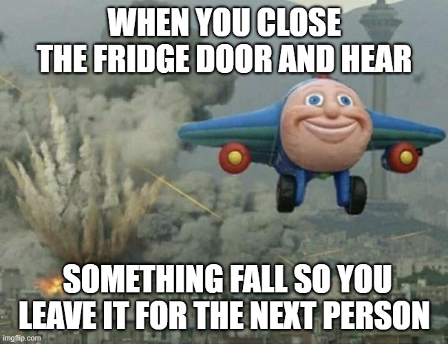 EHEHEHEHEH | WHEN YOU CLOSE THE FRIDGE DOOR AND HEAR; SOMETHING FALL SO YOU LEAVE IT FOR THE NEXT PERSON | image tagged in plane flying from explosions | made w/ Imgflip meme maker