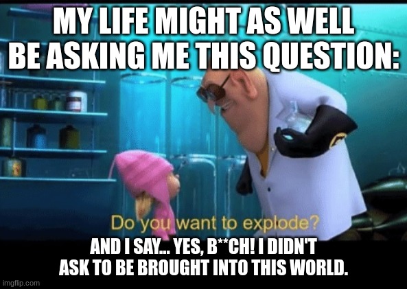 I. Hate. My. Life. | MY LIFE MIGHT AS WELL BE ASKING ME THIS QUESTION:; AND I SAY... YES, B**CH! I DIDN'T ASK TO BE BROUGHT INTO THIS WORLD. | image tagged in do you want to explode | made w/ Imgflip meme maker