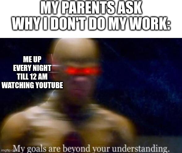 Parents are so 1990s, this is the 23rd century people! | MY PARENTS ASK WHY I DON'T DO MY WORK:; ME UP EVERY NIGHT TILL 12 AM WATCHING YOUTUBE | image tagged in my goals are beyond your understanding | made w/ Imgflip meme maker