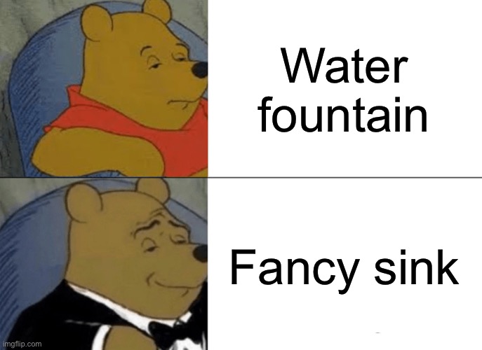 Do you like water? | Water fountain; Fancy sink | image tagged in memes,tuxedo winnie the pooh | made w/ Imgflip meme maker