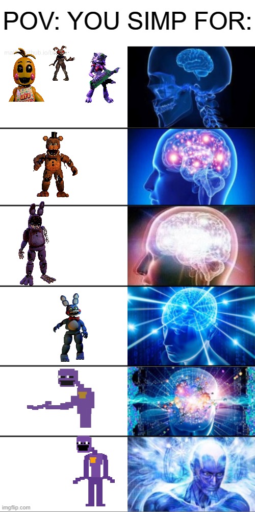 (this is meant as a joke....probably) | POV: YOU SIMP FOR: | image tagged in 6-tier expanding brain,simp,dsaf,fnaf,no,go away | made w/ Imgflip meme maker