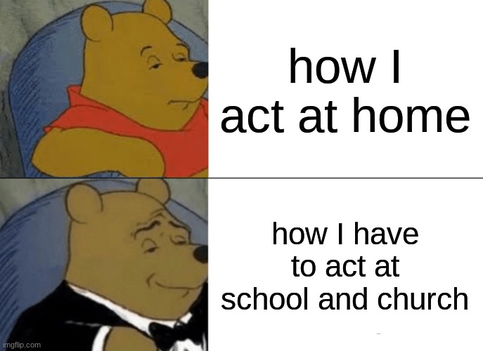 true facts | how I act at home; how I have to act at school and church | image tagged in memes,tuxedo winnie the pooh | made w/ Imgflip meme maker