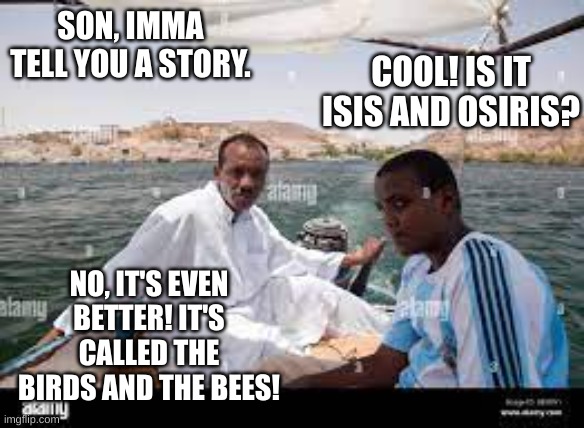 Egyptian Father and Son | SON, IMMA TELL YOU A STORY. COOL! IS IT ISIS AND OSIRIS? NO, IT'S EVEN BETTER! IT'S CALLED THE BIRDS AND THE BEES! | image tagged in egypt | made w/ Imgflip meme maker