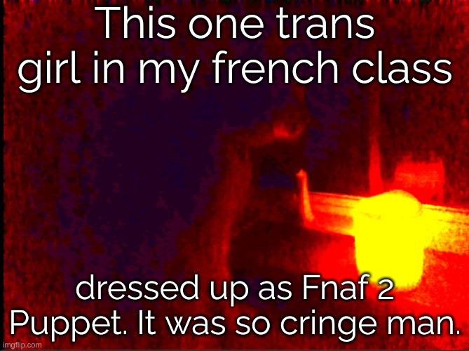 What I mean by trans is that she is actually a girl, but wants to be a boy. Not the other way around | This one trans girl in my french class; dressed up as Fnaf 2 Puppet. It was so cringe man. | image tagged in cat with candle,dies from cringe | made w/ Imgflip meme maker