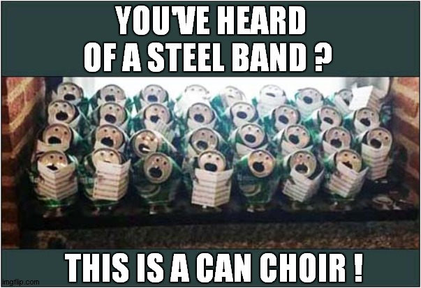 I Can Hear The Singing From Here ! | YOU'VE HEARD OF A STEEL BAND ? THIS IS A CAN CHOIR ! | image tagged in steel band,cans,choir,singing | made w/ Imgflip meme maker