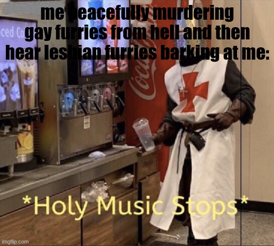 what- | me peacefully murdering gay furries from hell and then hear lesbian furries barking at me: | image tagged in holy music stops | made w/ Imgflip meme maker