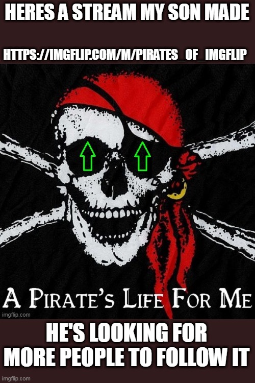 A STREAM FOR PIRATES | HERES A STREAM MY SON MADE; HTTPS://IMGFLIP.COM/M/PIRATES_OF_IMGFLIP; HE'S LOOKING FOR MORE PEOPLE TO FOLLOW IT | image tagged in pirates up vote,pirates,pirate,new stream | made w/ Imgflip meme maker
