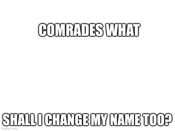Really. Put some suggestions in please. | COMRADES WHAT; SHALL I CHANGE MY NAME TOO? | image tagged in hello my name is,question mark | made w/ Imgflip meme maker
