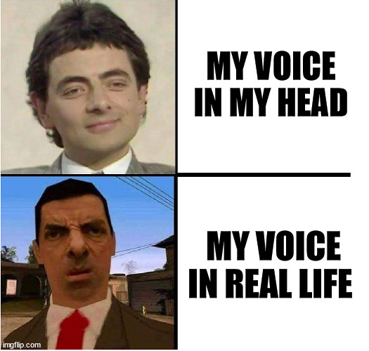 My voice irl | MY VOICE IN MY HEAD; MY VOICE IN REAL LIFE | image tagged in mr bean confused,mr bean,meme,funny meme,voice | made w/ Imgflip meme maker