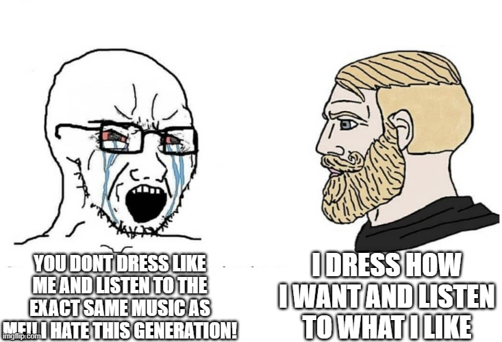 my "bsf" is an asshole dawg | I DRESS HOW I WANT AND LISTEN TO WHAT I LIKE; YOU DONT DRESS LIKE ME AND LISTEN TO THE EXACT SAME MUSIC AS ME!! I HATE THIS GENERATION! | image tagged in soyboy vs yes chad | made w/ Imgflip meme maker