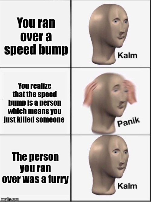 Don't send this to Twitter or the furry stream (the furries are gonna revolt) | You ran over a speed bump; You realize that the speed bump is a person which means you just killed someone; The person you ran over was a furry | image tagged in anti furry | made w/ Imgflip meme maker