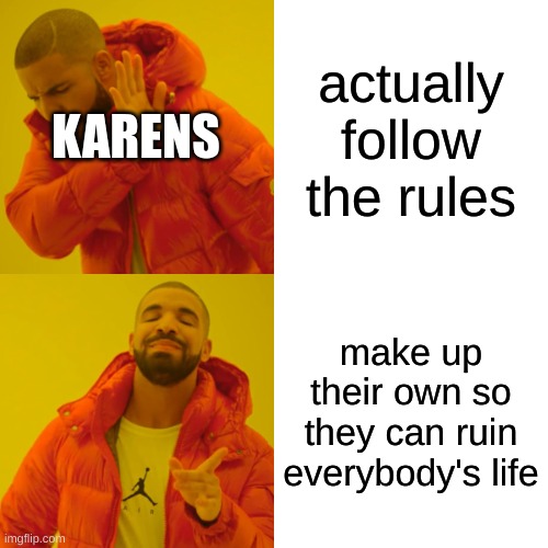 so annoying | actually follow the rules; KARENS; make up their own so they can ruin everybody's life | image tagged in memes,drake hotline bling,karens | made w/ Imgflip meme maker