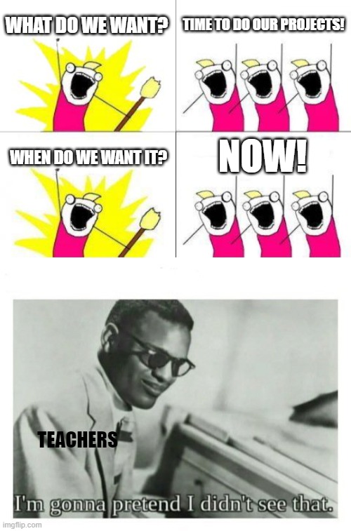 WHAT DO WE WANT? TIME TO DO OUR PROJECTS! NOW! WHEN DO WE WANT IT? TEACHERS | image tagged in memes,what do we want,i'm gonna pretend i didn't see that | made w/ Imgflip meme maker