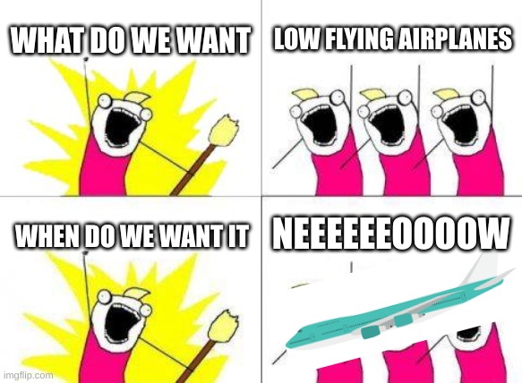 Joke I heard on yt | WHAT DO WE WANT; LOW FLYING AIRPLANES; NEEEEEEOOOOW; WHEN DO WE WANT IT | image tagged in memes,what do we want | made w/ Imgflip meme maker