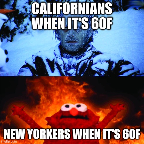 as a new york local, this is true | CALIFORNIANS WHEN IT'S 60F; NEW YORKERS WHEN IT'S 60F | image tagged in cold vs hot,memes | made w/ Imgflip meme maker