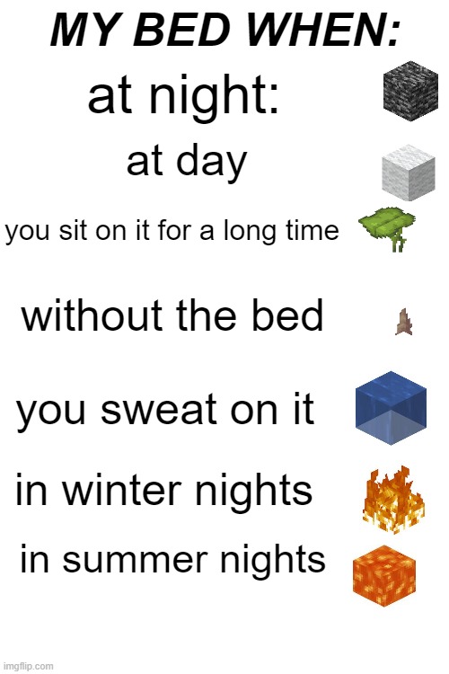 states of the bed | MY BED WHEN:; at night:; at day; you sit on it for a long time; without the bed; you sweat on it; in winter nights; in summer nights | image tagged in minecraft,fun,bed | made w/ Imgflip meme maker