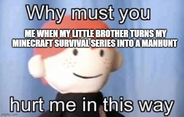 he is always up for a hunt so dont anger him :) | ME WHEN MY LITTLE BROTHER TURNS MY MINECRAFT SURVIVAL SERIES INTO A MANHUNT | image tagged in why must you hurt me this way | made w/ Imgflip meme maker