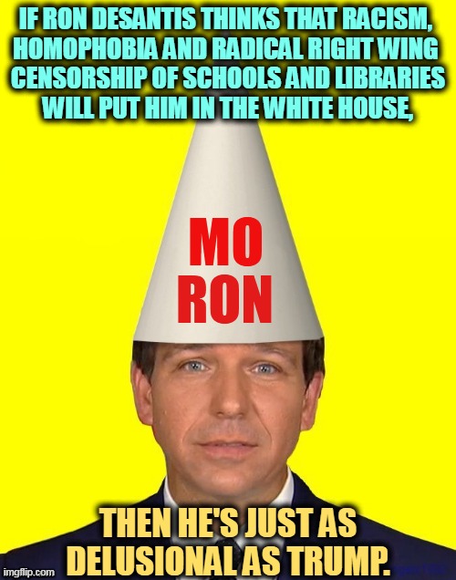He loses on First Amendment grounds alone. | IF RON DESANTIS THINKS THAT RACISM, 
HOMOPHOBIA AND RADICAL RIGHT WING 

CENSORSHIP OF SCHOOLS AND LIBRARIES WILL PUT HIM IN THE WHITE HOUSE, THEN HE'S JUST AS DELUSIONAL AS TRUMP. | image tagged in ron desantis moron what the country doesn't need,ron desantis,racist,homophobic,radical,censorship | made w/ Imgflip meme maker