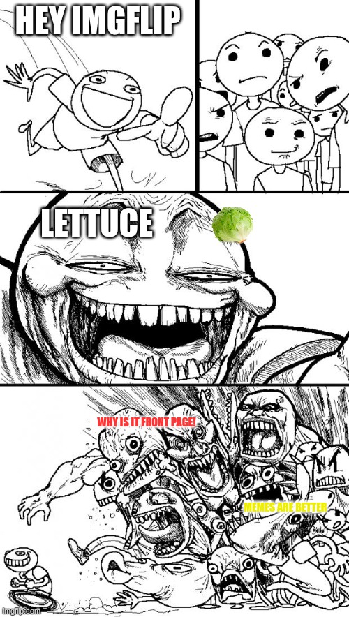 Lettuce VI: The Front Page Warrior | HEY IMGFLIP; LETTUCE; WHY IS IT FRONT PAGE! MEMES ARE BETTER | image tagged in memes,hey internet | made w/ Imgflip meme maker
