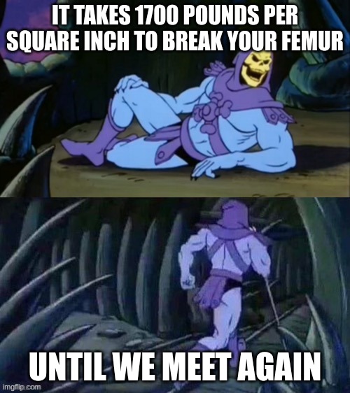 Skeletor disturbing facts | IT TAKES 1700 POUNDS PER SQUARE INCH TO BREAK YOUR FEMUR; UNTIL WE MEET AGAIN | image tagged in skeletor disturbing facts | made w/ Imgflip meme maker