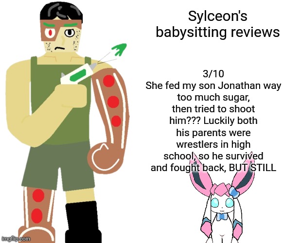 Gingerbread Man's rating | 3/10
She fed my son Jonathan way too much sugar, then tried to shoot him??? Luckily both his parents were wrestlers in high school, so he survived and fought back, BUT STILL; Sylceon's babysitting reviews | image tagged in gingerbread man with gun transparent,memes,blank transparent square,gingerbread man,sylceon | made w/ Imgflip meme maker