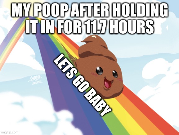 Poop on Rainbow | MY POOP AFTER HOLDING IT IN FOR 11.7 HOURS; LETS GO BABY | image tagged in poop on rainbow | made w/ Imgflip meme maker