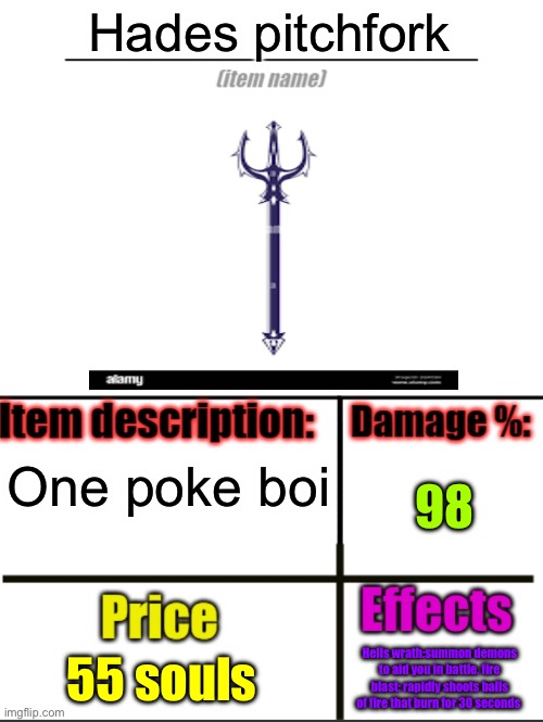 This is the daily selection |  Hades pitchfork; 98; One poke boi; 55 souls; Hells wrath:summon demons to aid you in battle, fire blast: rapidly shoots balls of fire that burn for 30 seconds | image tagged in item-shop extended | made w/ Imgflip meme maker