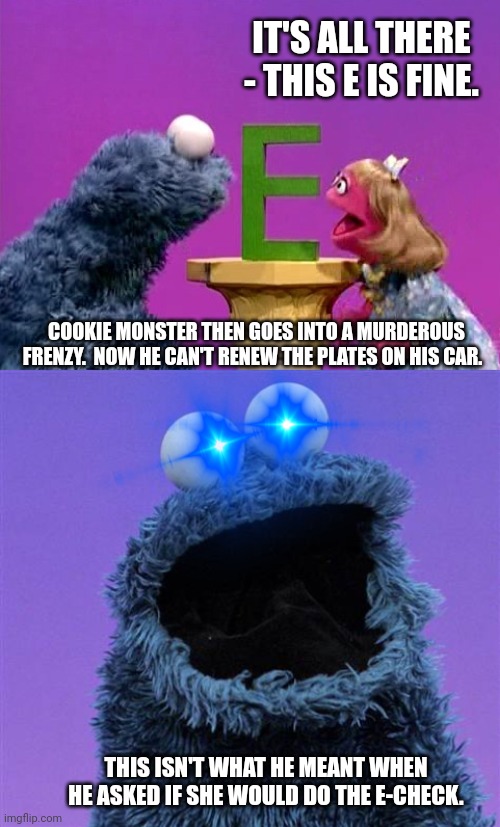 IT'S ALL THERE - THIS E IS FINE. COOKIE MONSTER THEN GOES INTO A MURDEROUS FRENZY.  NOW HE CAN'T RENEW THE PLATES ON HIS CAR. THIS ISN'T WHAT HE MEANT WHEN HE ASKED IF SHE WOULD DO THE E-CHECK. | image tagged in cookie monster | made w/ Imgflip meme maker