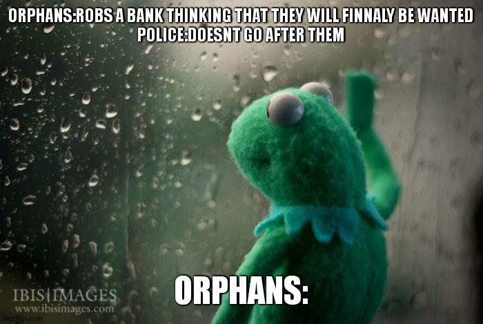 zad | ORPHANS:ROBS A BANK THINKING THAT THEY WILL FINNALY BE WANTED
POLICE:DOESNT GO AFTER THEM; ORPHANS: | image tagged in kermit window | made w/ Imgflip meme maker