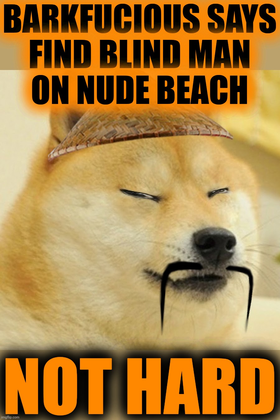 Barkfucius asian Doge Barkfucious | BARKFUCIOUS SAYS
FIND BLIND MAN
ON NUDE BEACH NOT HARD | image tagged in barkfucius asian doge barkfucious | made w/ Imgflip meme maker