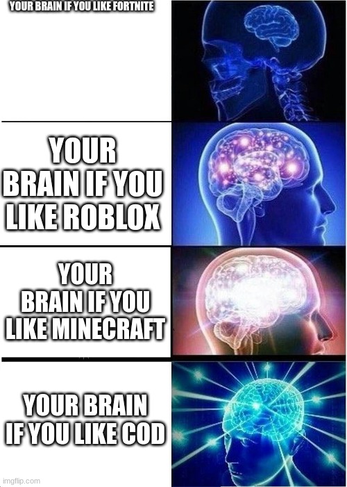 Expanding Brain Meme | YOUR BRAIN IF YOU LIKE FORTNITE; YOUR BRAIN IF YOU LIKE ROBLOX; YOUR BRAIN IF YOU LIKE MINECRAFT; YOUR BRAIN IF YOU LIKE COD | image tagged in memes,expanding brain | made w/ Imgflip meme maker