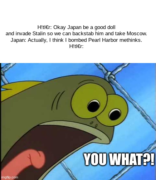 What costed the Axis the war. | H!tl€r: Okay Japan be a good doll and invade Stalin so we can backstab him and take Moscow.
Japan: Actually, I think I bombed Pearl Harbor methinks.
H!tl€r:; YOU WHAT?! | image tagged in you did what to my drink spongebob,hitler,wwii,world war ii,history | made w/ Imgflip meme maker