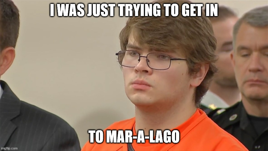 Buffalo Supermarket Racist Shooter | I WAS JUST TRYING TO GET IN; TO MAR-A-LAGO | image tagged in buffalo supermarket racist shooter | made w/ Imgflip meme maker