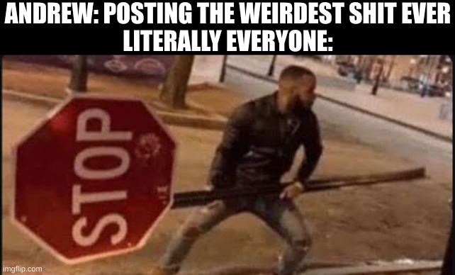 Stop. Get some help. | ANDREW: POSTING THE WEIRDEST SHIT EVER
LITERALLY EVERYONE: | image tagged in guy with stop sign,stop it get some help | made w/ Imgflip meme maker