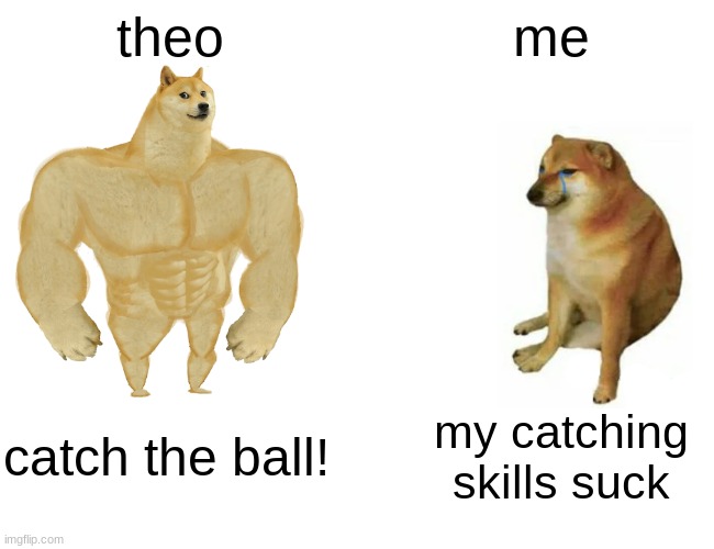 Buff Doge vs. Cheems | theo; me; catch the ball! my catching skills suck | image tagged in memes,buff doge vs cheems | made w/ Imgflip meme maker