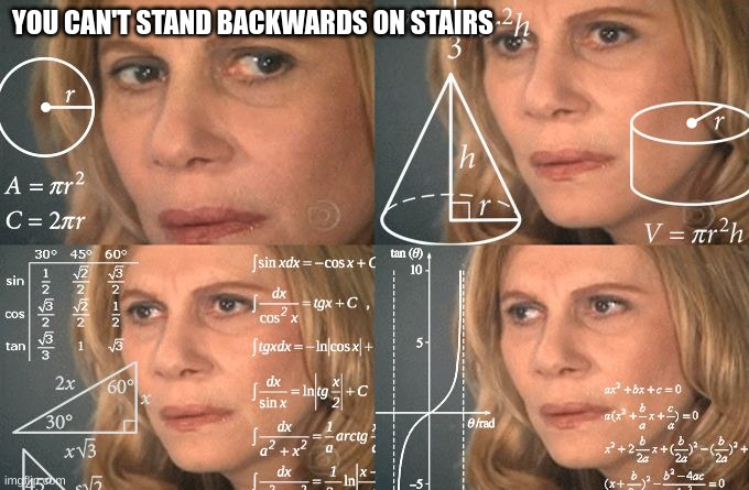 try it | YOU CAN'T STAND BACKWARDS ON STAIRS | image tagged in calculating meme | made w/ Imgflip meme maker
