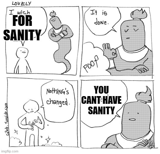 ive never had sanity | FOR SANITY; YOU CANT HAVE SANITY | image tagged in i wish genie nothing's changed,insanity | made w/ Imgflip meme maker