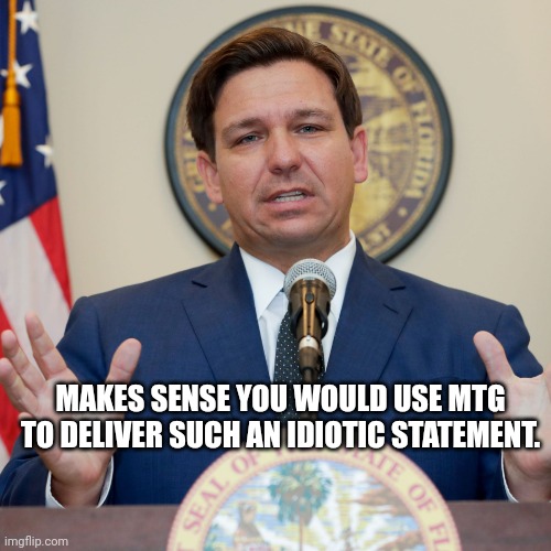 DeSantis | MAKES SENSE YOU WOULD USE MTG TO DELIVER SUCH AN IDIOTIC STATEMENT. | image tagged in desantis | made w/ Imgflip meme maker