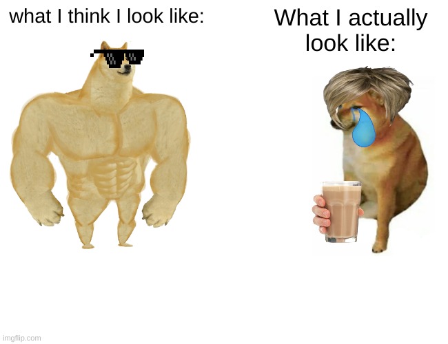 Too true. | what I think I look like:; What I actually look like: | image tagged in memes,buff doge vs cheems,doge,funny,fun,relatable memes | made w/ Imgflip meme maker