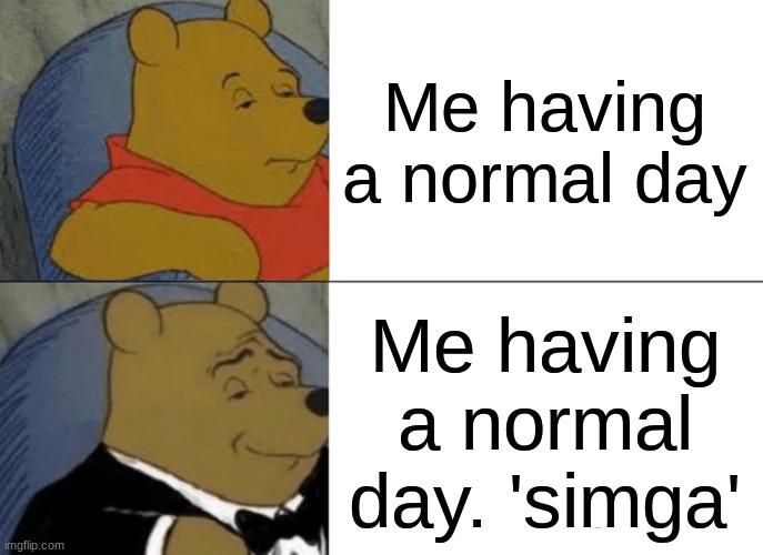 Tuxedo Winnie The Pooh | Me having a normal day; Me having a normal day. 'simga' | image tagged in memes,tuxedo winnie the pooh | made w/ Imgflip meme maker