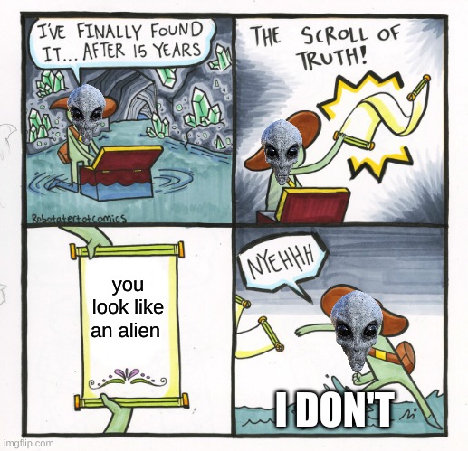 The Scroll Of Truth Meme | you look like an alien; I DON'T | image tagged in memes,the scroll of truth | made w/ Imgflip meme maker