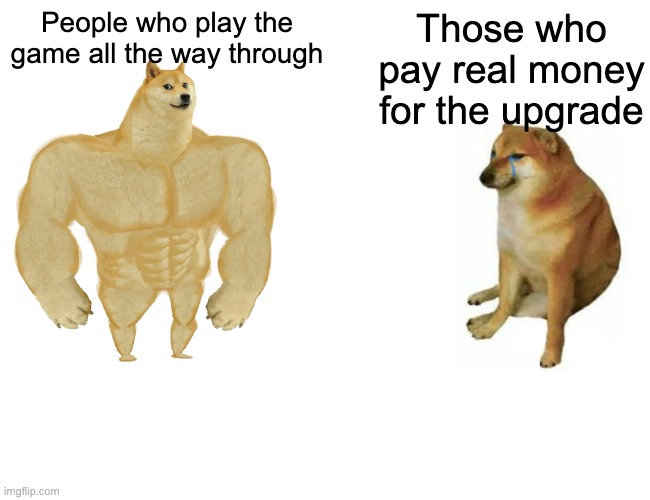 *random meme* | People who play the game all the way through; Those who pay real money for the upgrade | image tagged in memes,buff doge vs cheems | made w/ Imgflip meme maker