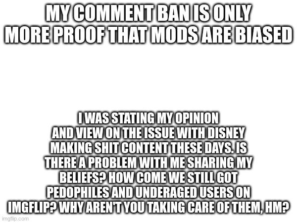 MY COMMENT BAN IS ONLY MORE PROOF THAT MODS ARE BIASED; I WAS STATING MY OPINION AND VIEW ON THE ISSUE WITH DISNEY MAKING SHIT CONTENT THESE DAYS. IS THERE A PROBLEM WITH ME SHARING MY BELIEFS? HOW COME WE STILL GOT PEDOPHILES AND UNDERAGED USERS ON IMGFLIP? WHY AREN'T YOU TAKING CARE OF THEM, HM? | made w/ Imgflip meme maker