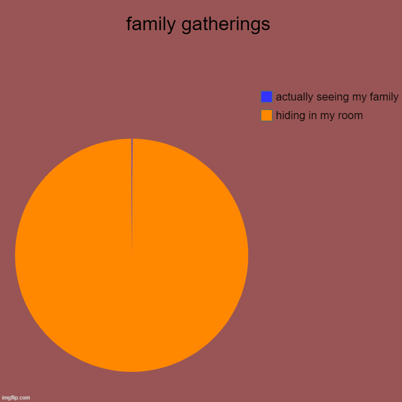 true tho | family gatherings | hiding in my room, actually seeing my family | image tagged in charts,pie charts | made w/ Imgflip chart maker